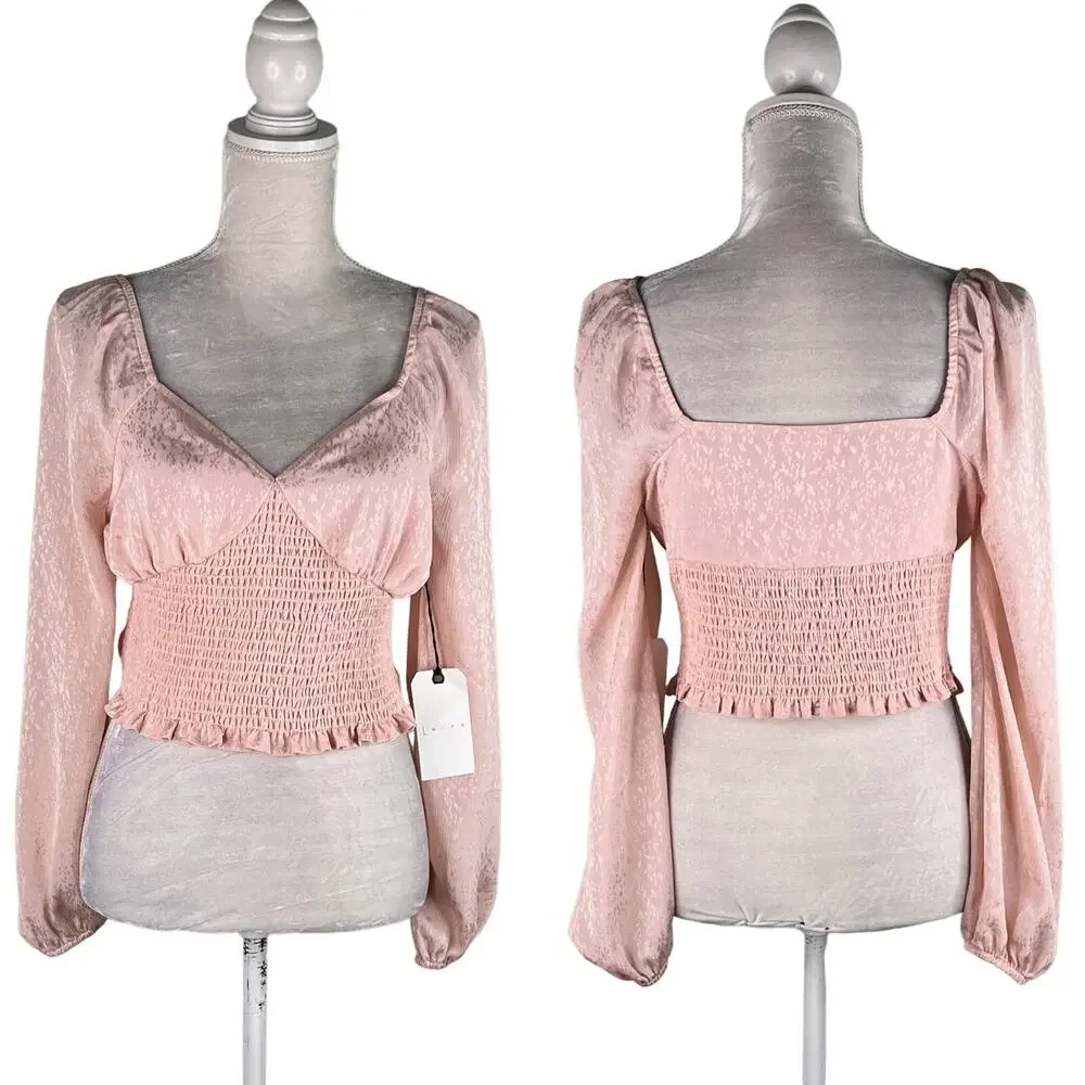 Leith Blouse Crop Top Smocked Pink Smoke M New